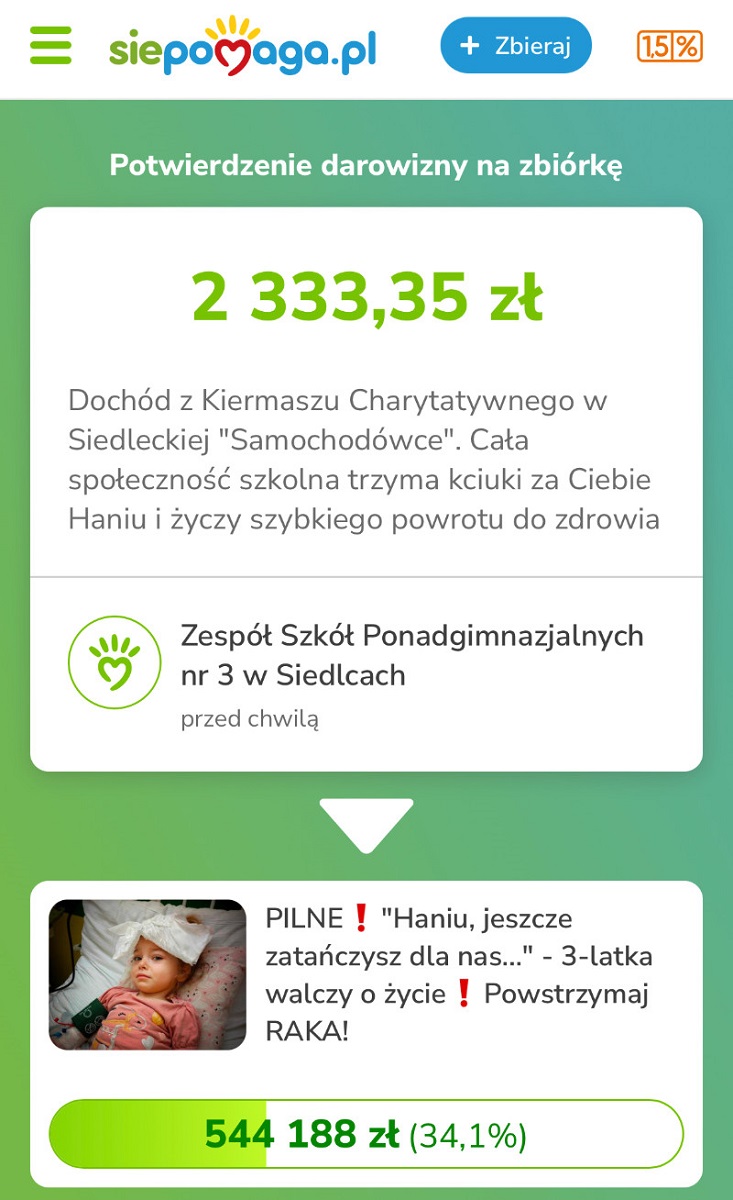 potwierdzenie darowizny z zbiórkę - 2333.35zł - siepomaga.pl
